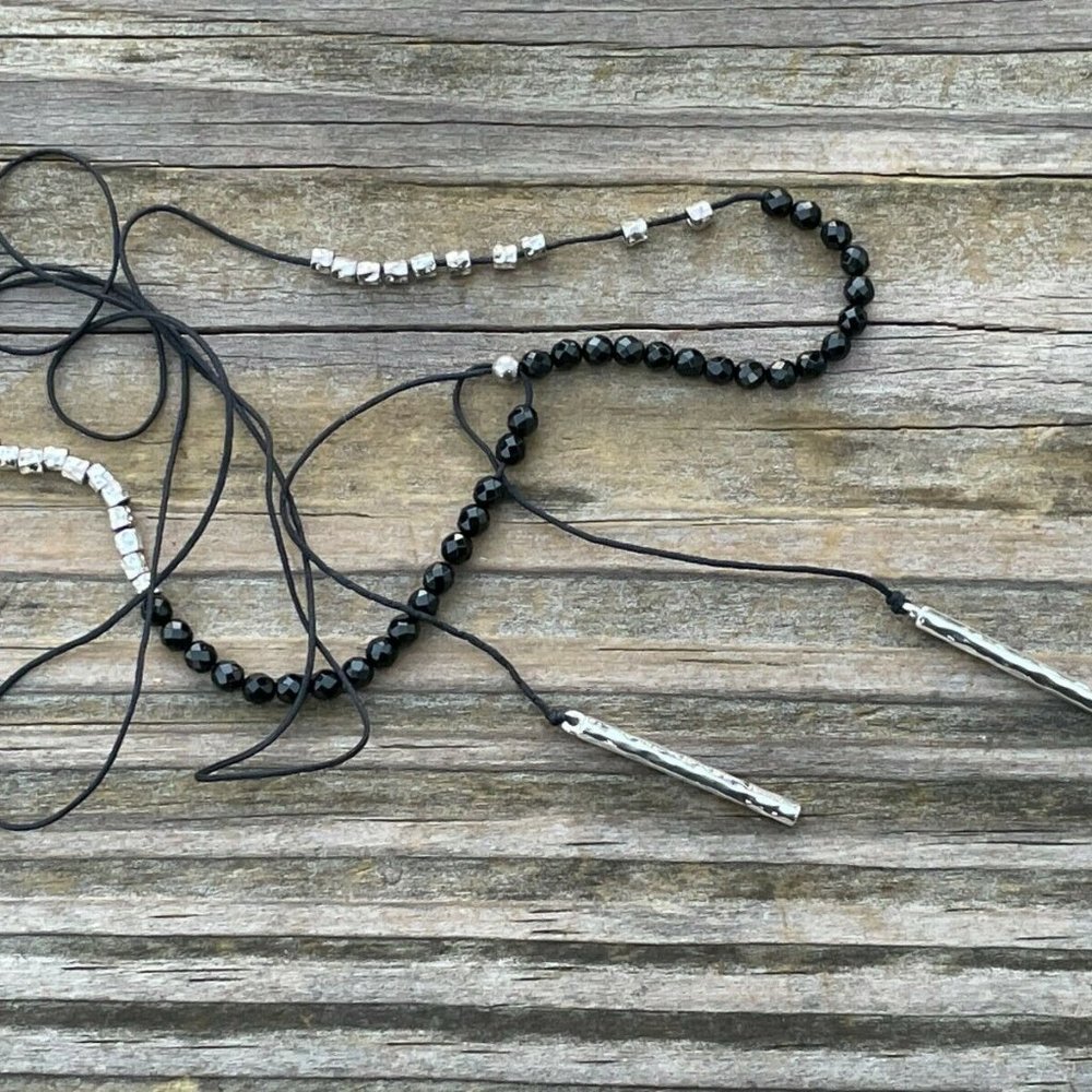 Gorjana Necklaces Black Cord Y neck adjustable silver nugget beads Necklace Jewe - Picture 3 of 13